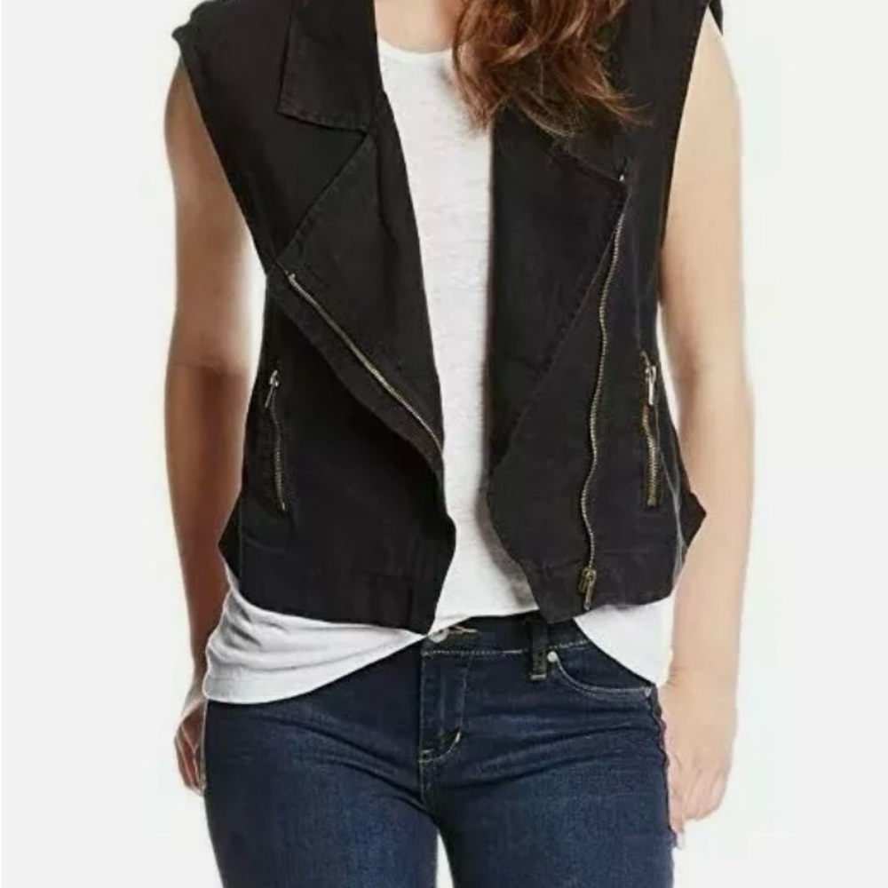 SANCTUARY Editor Black 100% Linen Moto Vest Womens Size S NWT